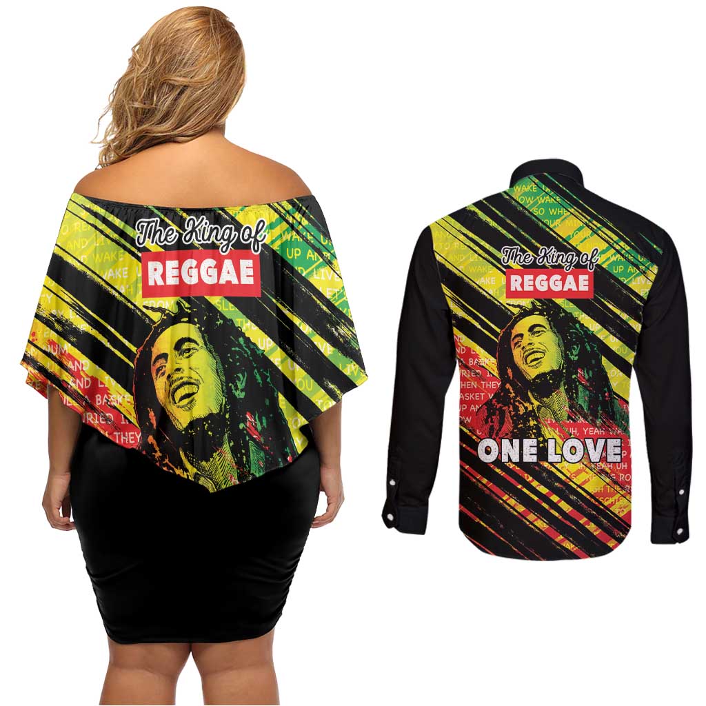 Reggae Legend Couples Matching Off Shoulder Short Dress and Long Sleeve Button Shirt Love The Life You Live Live The Life You Love