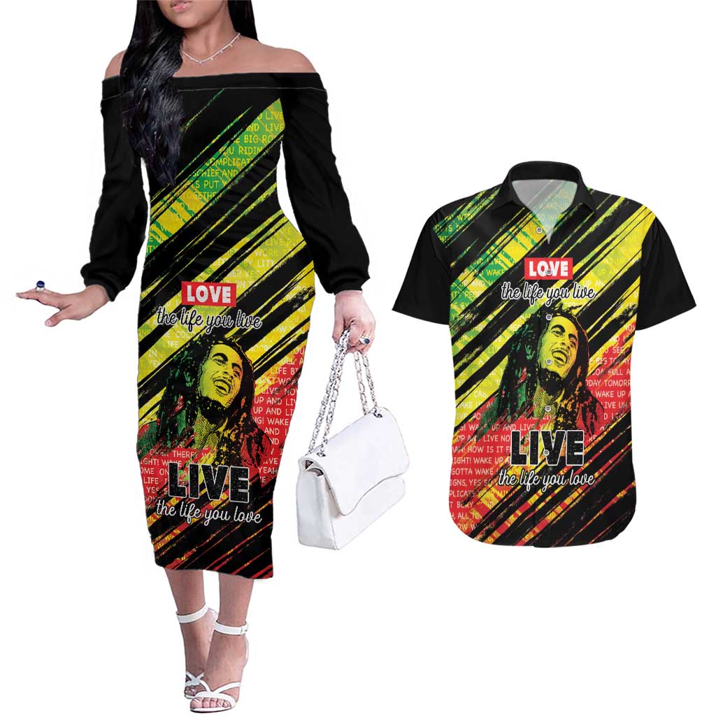 Reggae Legend Couples Matching Off The Shoulder Long Sleeve Dress and Hawaiian Shirt Love The Life You Live Live The Life You Love