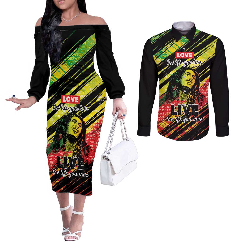 Reggae Legend Couples Matching Off The Shoulder Long Sleeve Dress and Long Sleeve Button Shirt Love The Life You Live Live The Life You Love