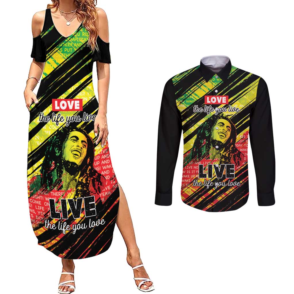 Reggae Legend Couples Matching Summer Maxi Dress and Long Sleeve Button Shirt Love The Life You Live Live The Life You Love
