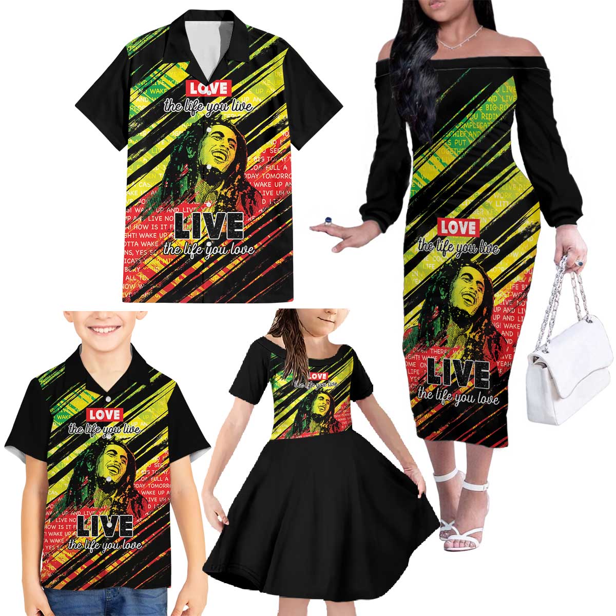Reggae Legend Family Matching Off The Shoulder Long Sleeve Dress and Hawaiian Shirt Love The Life You Live Live The Life You Love
