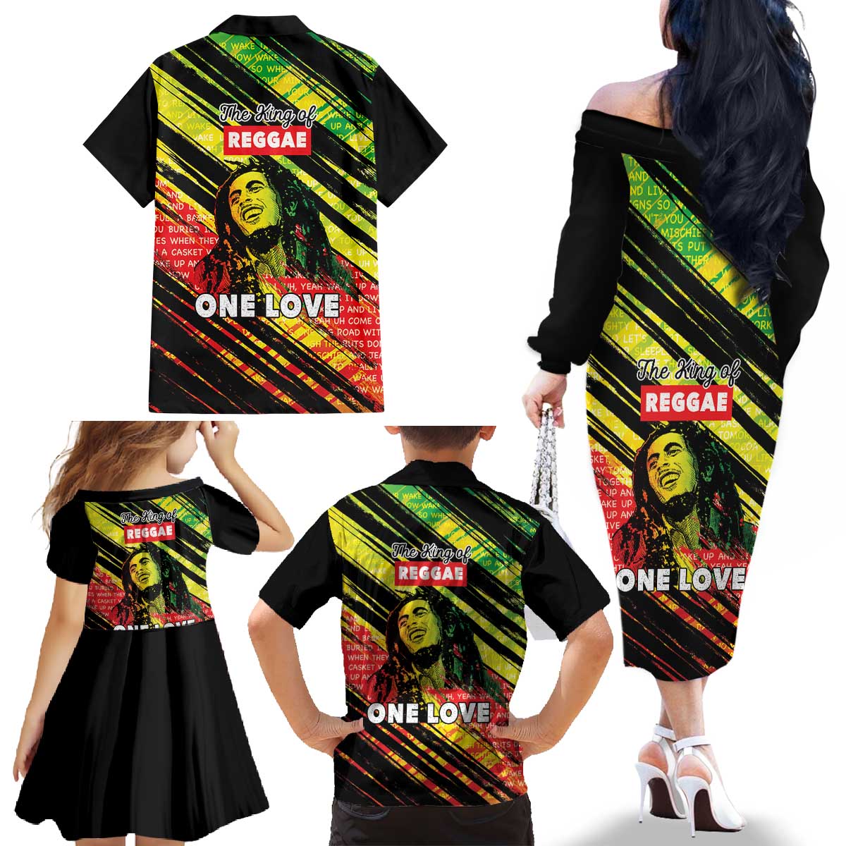 Reggae Legend Family Matching Off The Shoulder Long Sleeve Dress and Hawaiian Shirt Love The Life You Live Live The Life You Love