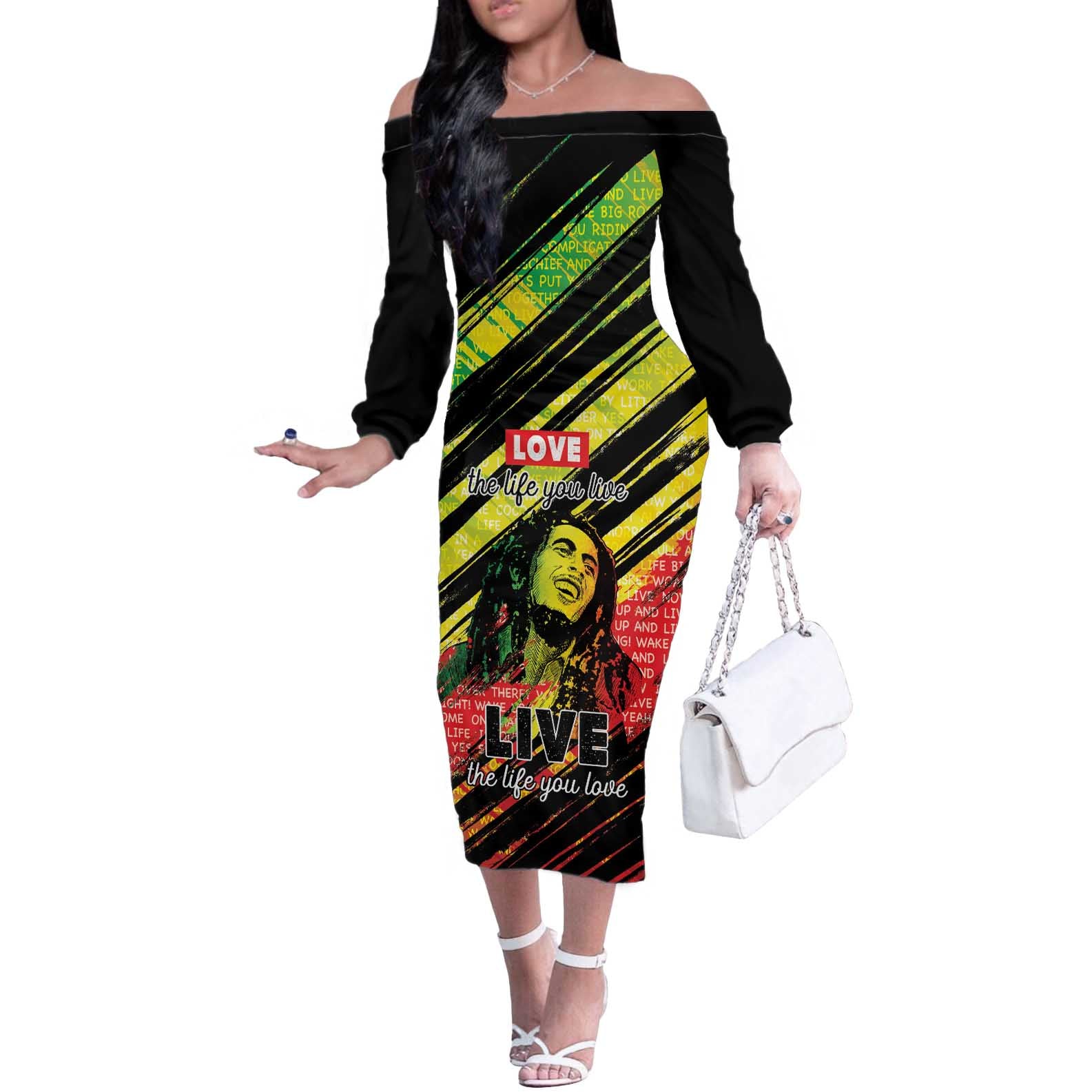 Reggae Legend Off The Shoulder Long Sleeve Dress Love The Life You Live Live The Life You Love LT05 - Wonder Print Shop