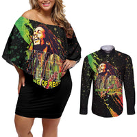 Legend Bob Couples Matching Off Shoulder Short Dress and Long Sleeve Button Shirt One Love Heart Destiny