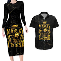 Reggae King Marley Couples Matching Long Sleeve Bodycon Dress and Hawaiian Shirt Gold Lion