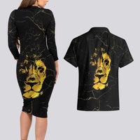 Reggae King Marley Couples Matching Long Sleeve Bodycon Dress and Hawaiian Shirt Gold Lion
