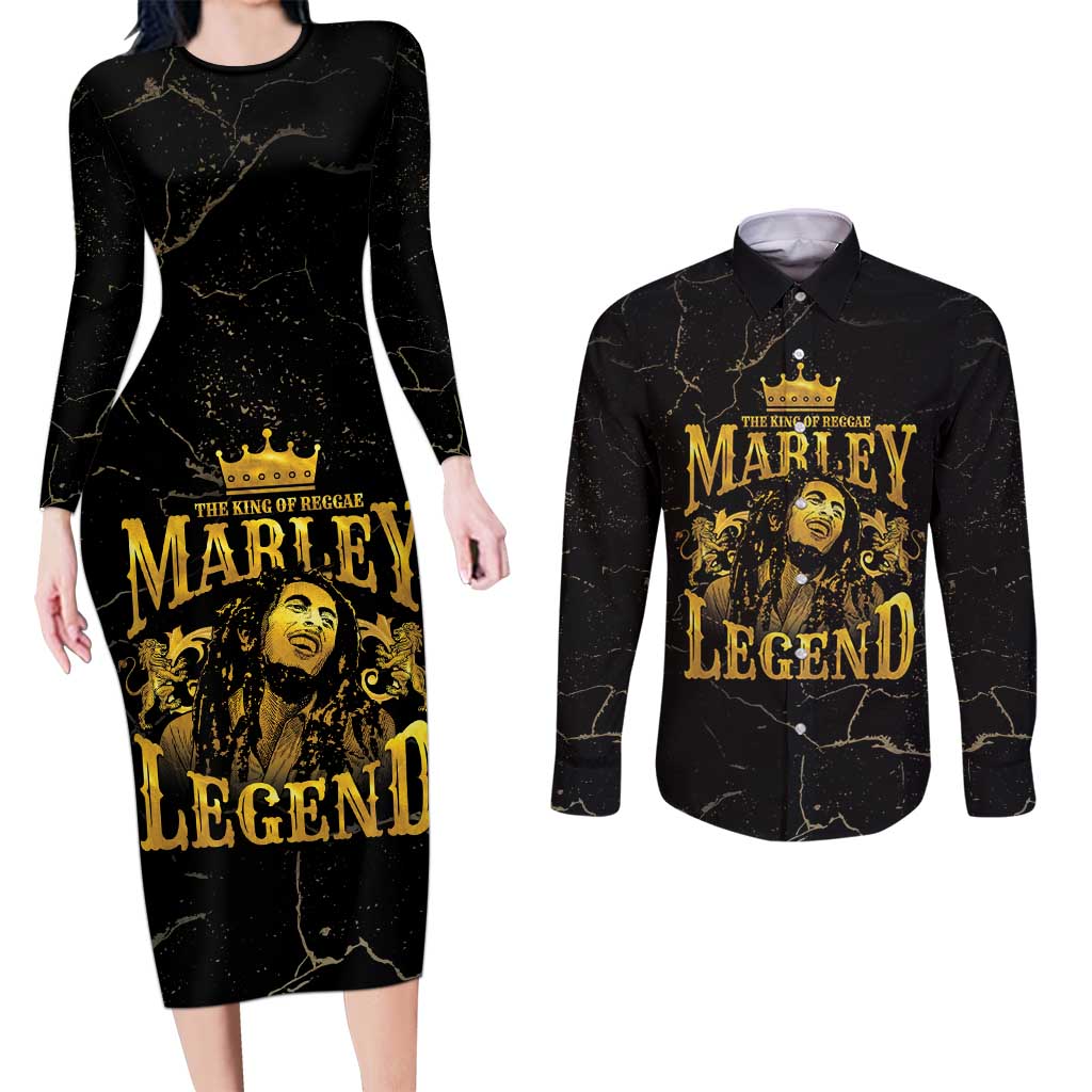 Reggae King Marley Couples Matching Long Sleeve Bodycon Dress and Long Sleeve Button Shirt Gold Lion