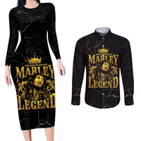 Reggae King Marley Couples Matching Long Sleeve Bodycon Dress and Long Sleeve Button Shirt Gold Lion