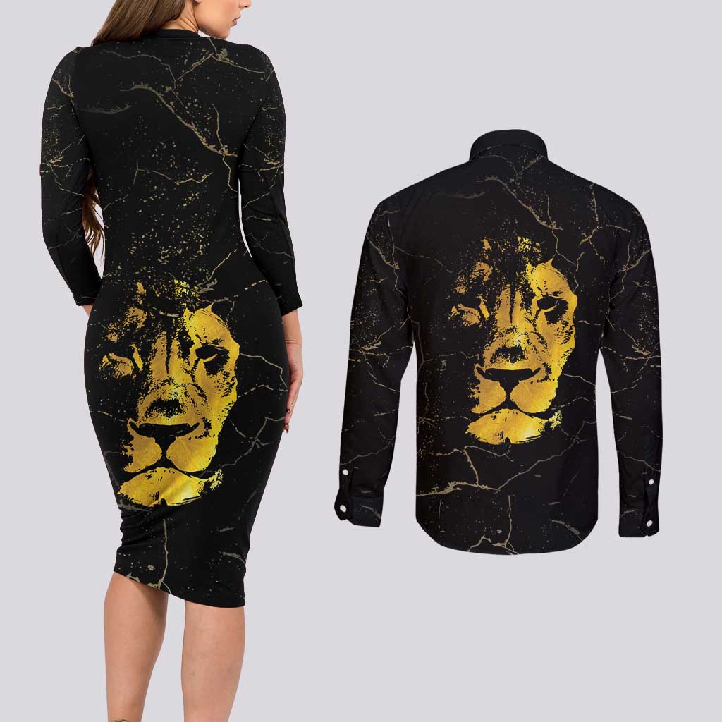 Reggae King Marley Couples Matching Long Sleeve Bodycon Dress and Long Sleeve Button Shirt Gold Lion