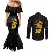 Reggae King Marley Couples Matching Mermaid Dress and Long Sleeve Button Shirt Gold Lion