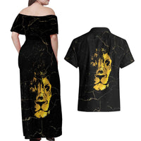 Reggae King Marley Couples Matching Off Shoulder Maxi Dress and Hawaiian Shirt Gold Lion