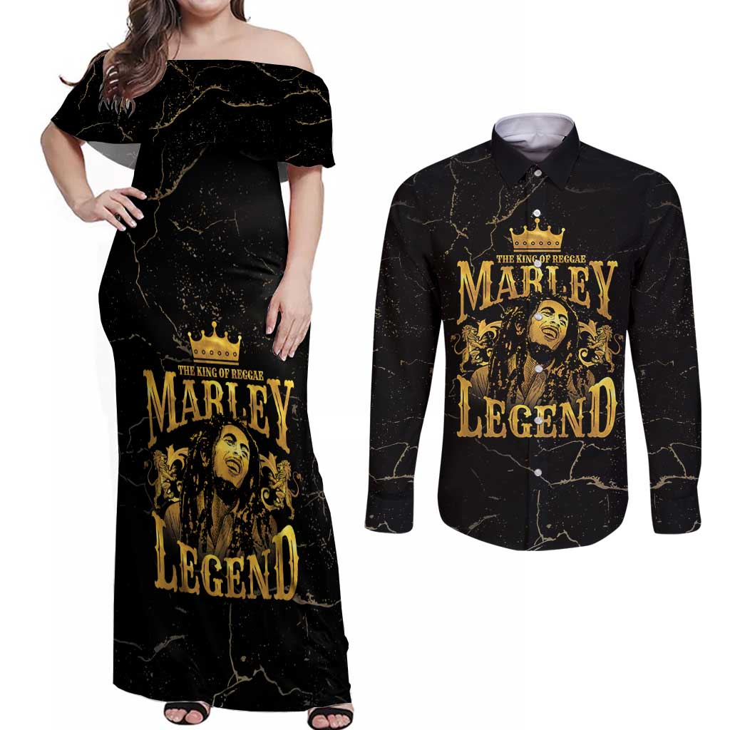 Reggae King Marley Couples Matching Off Shoulder Maxi Dress and Long Sleeve Button Shirt Gold Lion