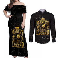 Reggae King Marley Couples Matching Off Shoulder Maxi Dress and Long Sleeve Button Shirt Gold Lion