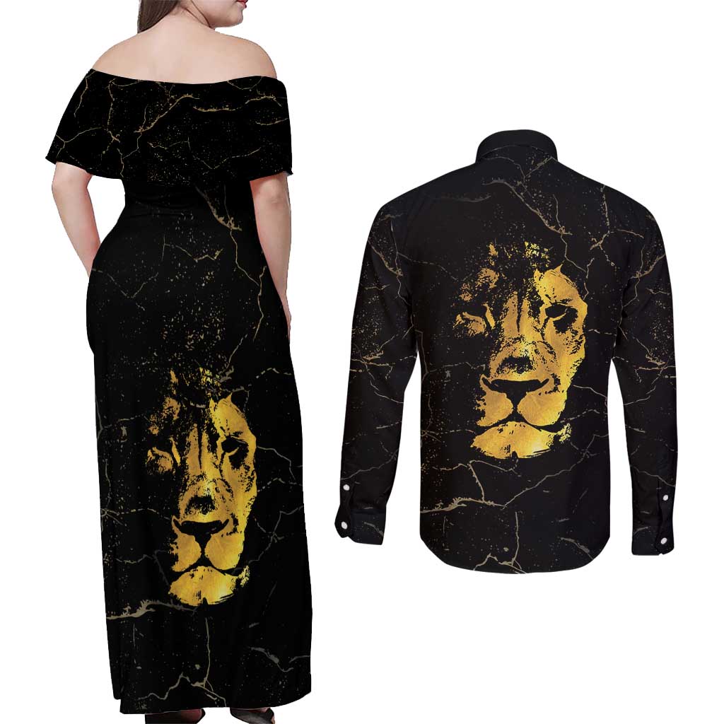 Reggae King Marley Couples Matching Off Shoulder Maxi Dress and Long Sleeve Button Shirt Gold Lion