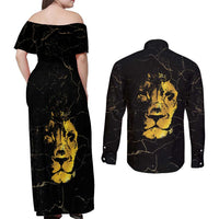 Reggae King Marley Couples Matching Off Shoulder Maxi Dress and Long Sleeve Button Shirt Gold Lion