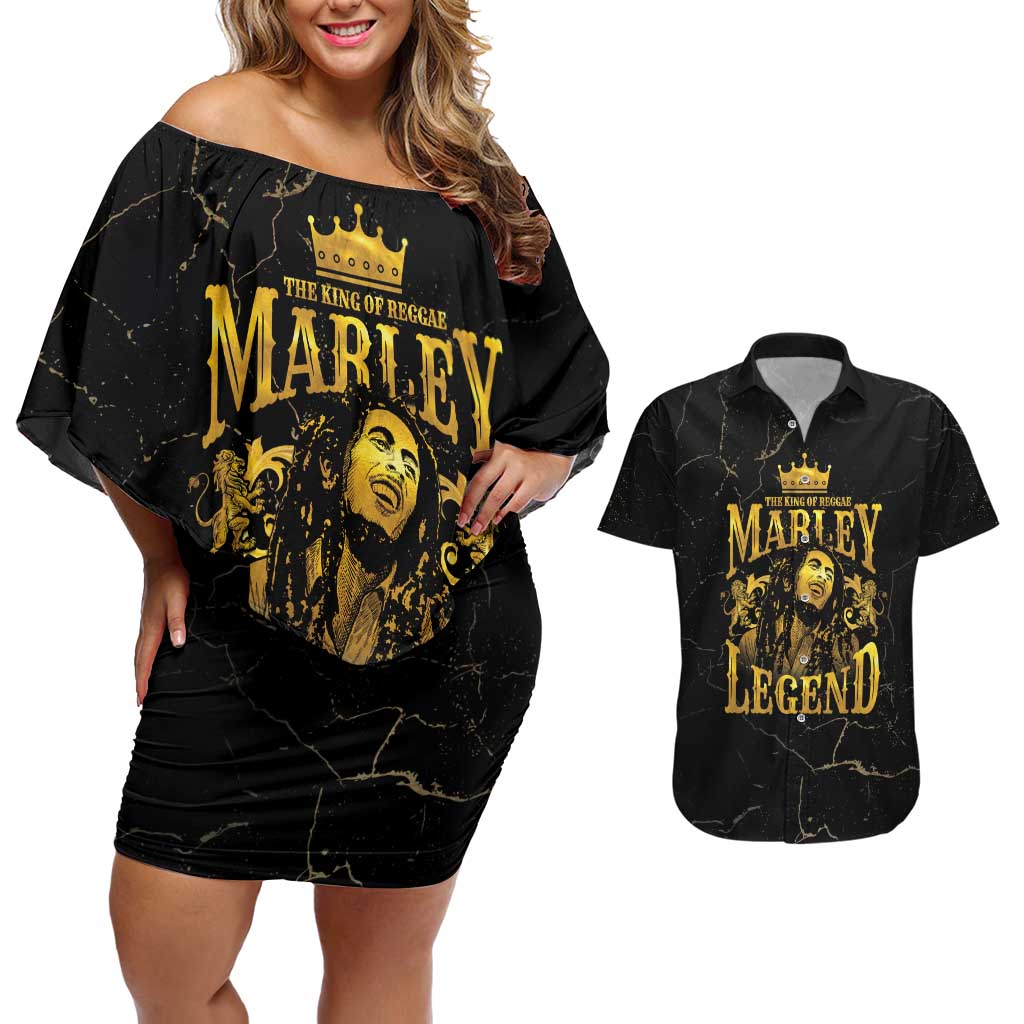 Reggae King Marley Couples Matching Off Shoulder Short Dress and Hawaiian Shirt Gold Lion