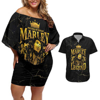 Reggae King Marley Couples Matching Off Shoulder Short Dress and Hawaiian Shirt Gold Lion