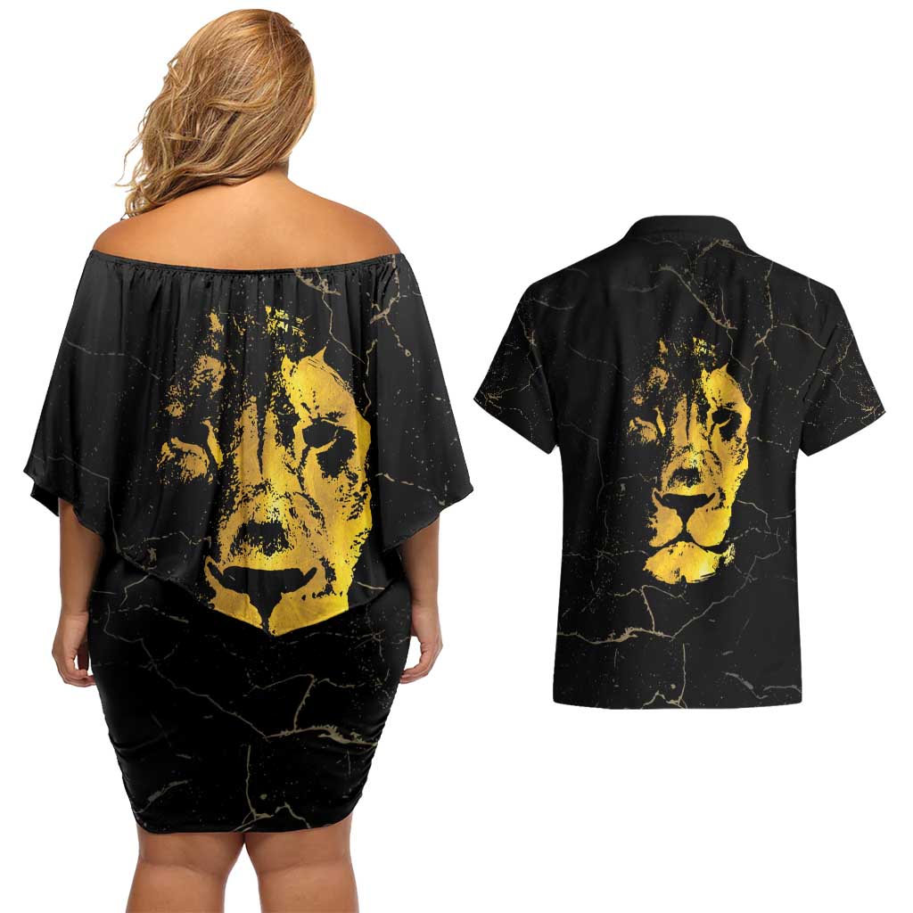 Reggae King Marley Couples Matching Off Shoulder Short Dress and Hawaiian Shirt Gold Lion