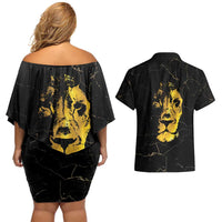 Reggae King Marley Couples Matching Off Shoulder Short Dress and Hawaiian Shirt Gold Lion