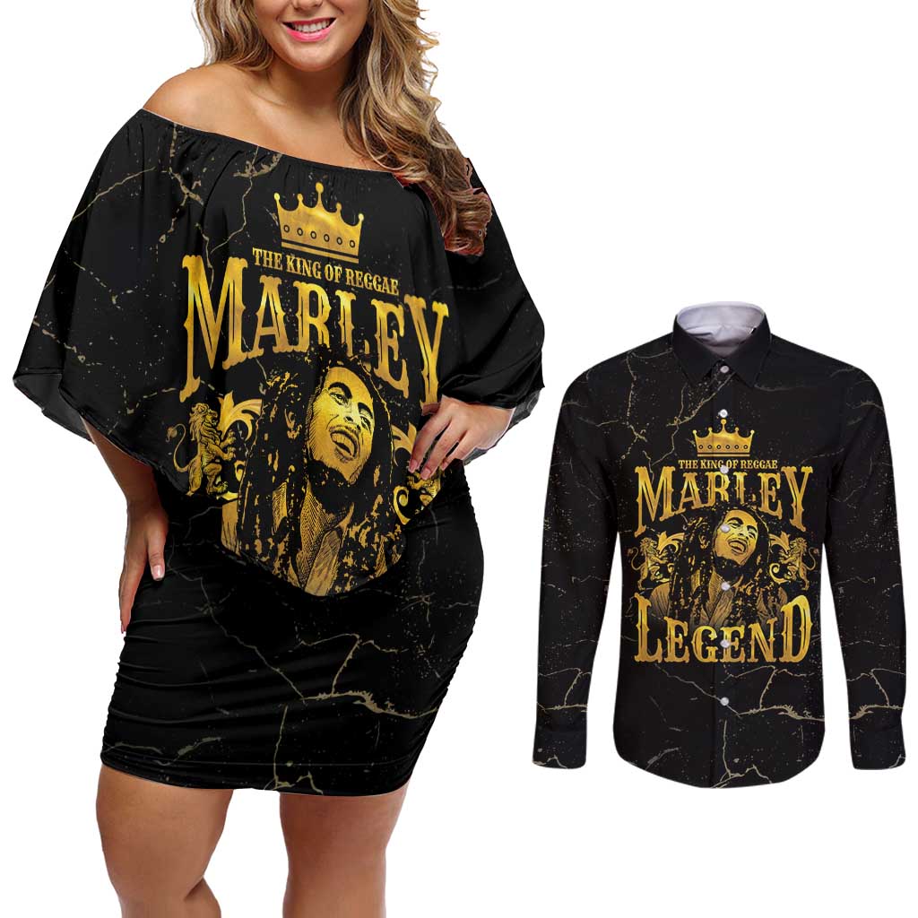 Reggae King Marley Couples Matching Off Shoulder Short Dress and Long Sleeve Button Shirt Gold Lion