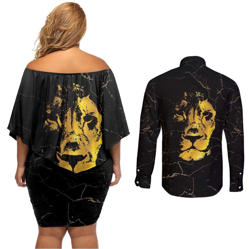 Reggae King Marley Couples Matching Off Shoulder Short Dress and Long Sleeve Button Shirt Gold Lion