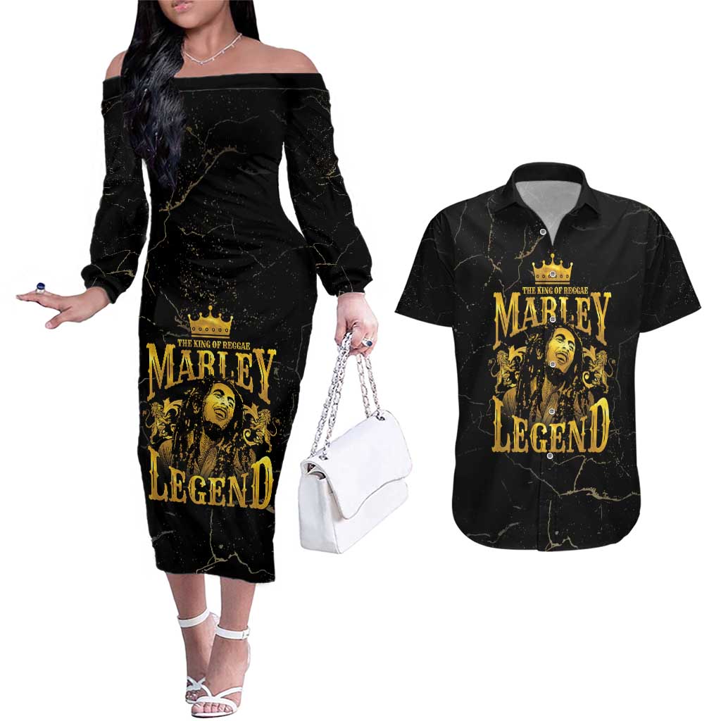 Reggae King Marley Couples Matching Off The Shoulder Long Sleeve Dress and Hawaiian Shirt Gold Lion