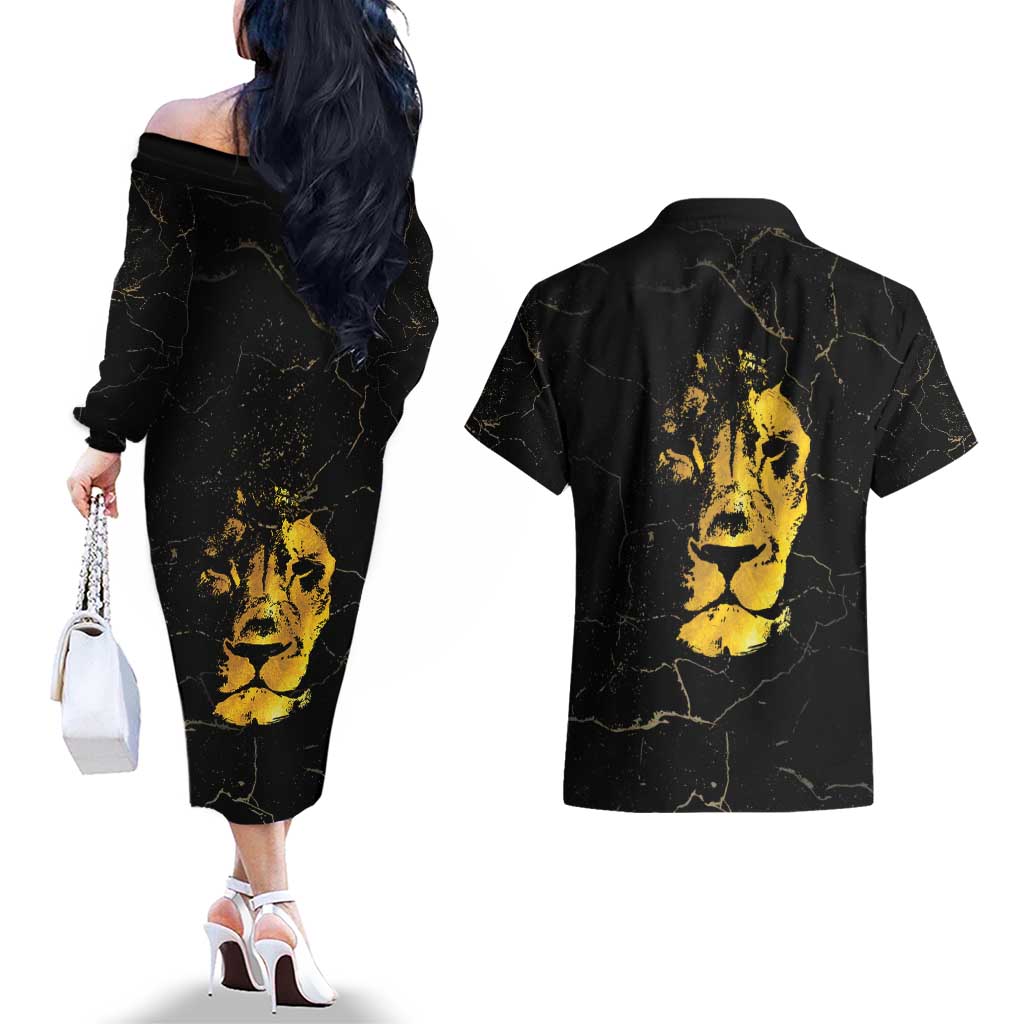 Reggae King Marley Couples Matching Off The Shoulder Long Sleeve Dress and Hawaiian Shirt Gold Lion