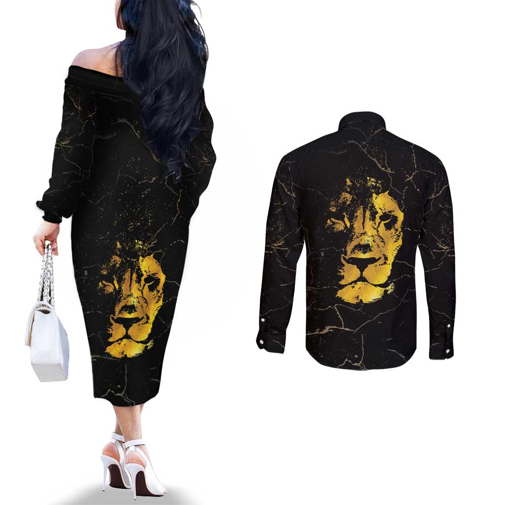 Reggae King Marley Couples Matching Off The Shoulder Long Sleeve Dress and Long Sleeve Button Shirt Gold Lion
