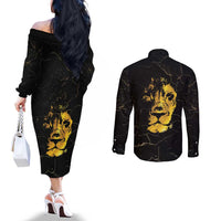 Reggae King Marley Couples Matching Off The Shoulder Long Sleeve Dress and Long Sleeve Button Shirt Gold Lion