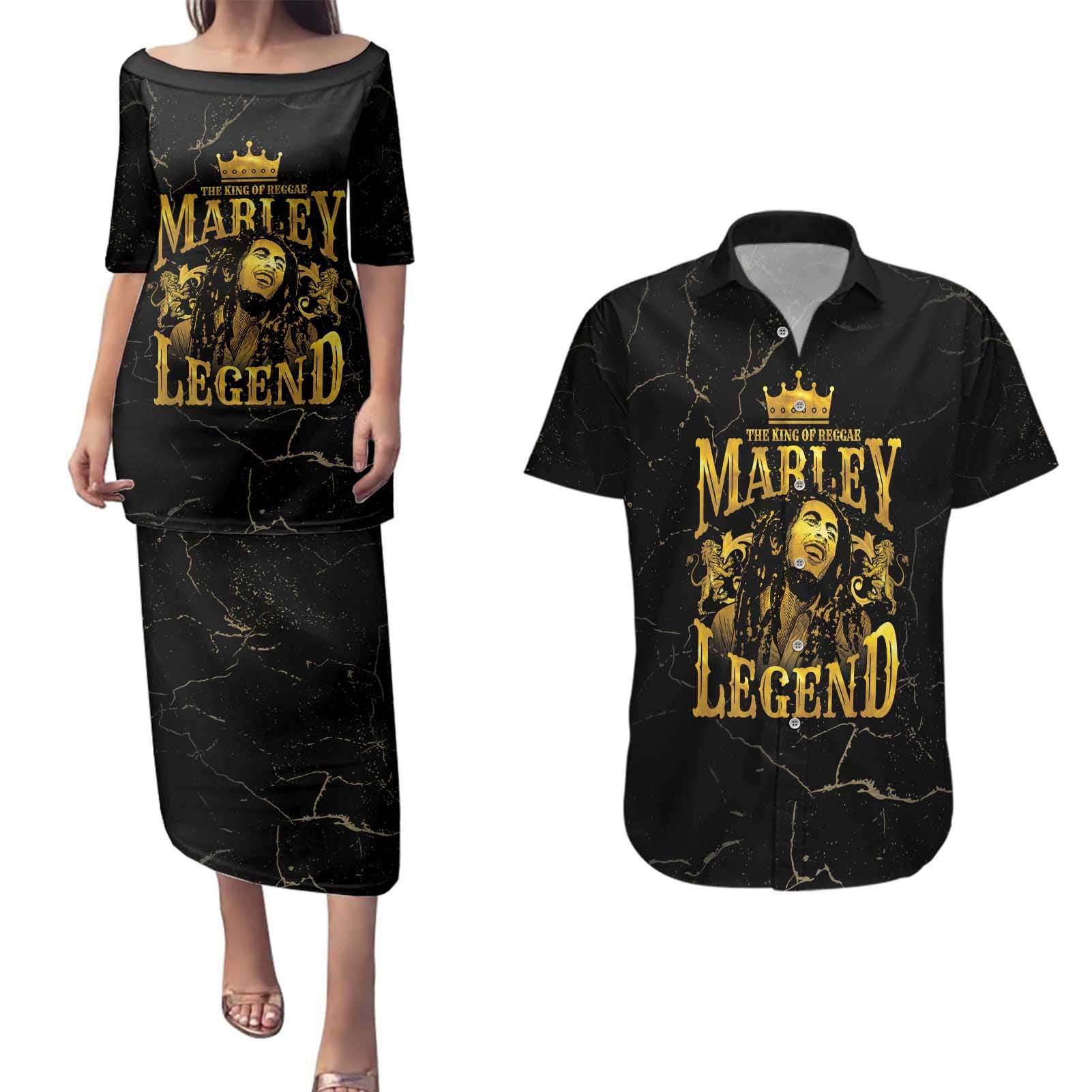 Reggae King Marley Couples Matching Puletasi and Hawaiian Shirt Gold Lion