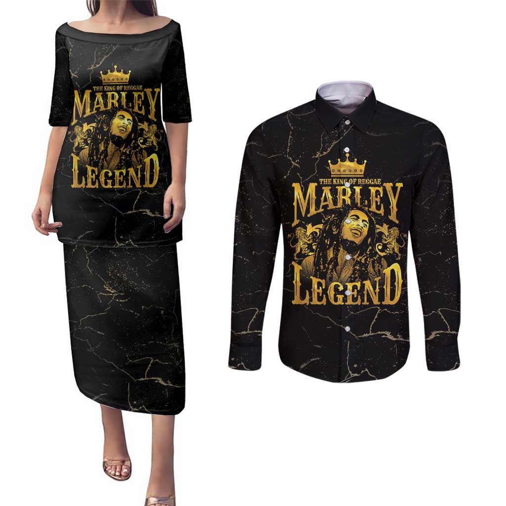 Reggae King Marley Couples Matching Puletasi and Long Sleeve Button Shirt Gold Lion
