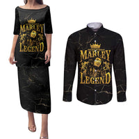 Reggae King Marley Couples Matching Puletasi and Long Sleeve Button Shirt Gold Lion