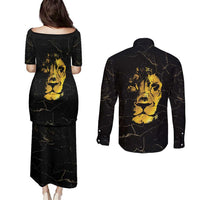 Reggae King Marley Couples Matching Puletasi and Long Sleeve Button Shirt Gold Lion