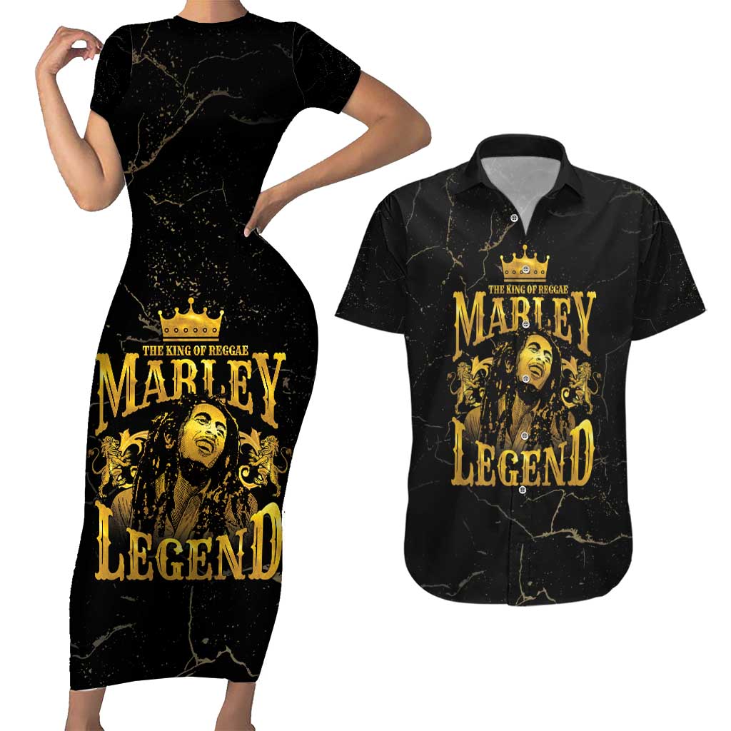Reggae King Marley Couples Matching Short Sleeve Bodycon Dress and Hawaiian Shirt Gold Lion
