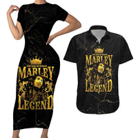 Reggae King Marley Couples Matching Short Sleeve Bodycon Dress and Hawaiian Shirt Gold Lion