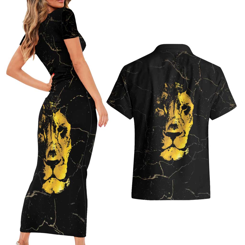 Reggae King Marley Couples Matching Short Sleeve Bodycon Dress and Hawaiian Shirt Gold Lion