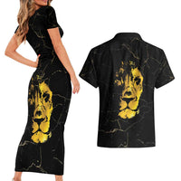 Reggae King Marley Couples Matching Short Sleeve Bodycon Dress and Hawaiian Shirt Gold Lion