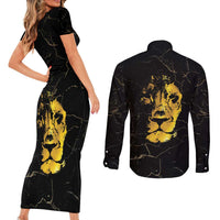 Reggae King Marley Couples Matching Short Sleeve Bodycon Dress and Long Sleeve Button Shirt Gold Lion