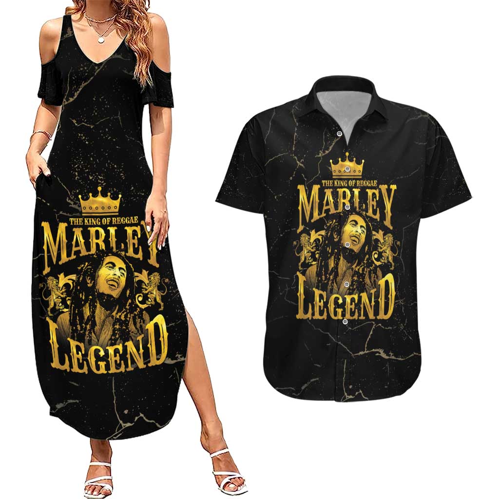 Reggae King Marley Couples Matching Summer Maxi Dress and Hawaiian Shirt Gold Lion