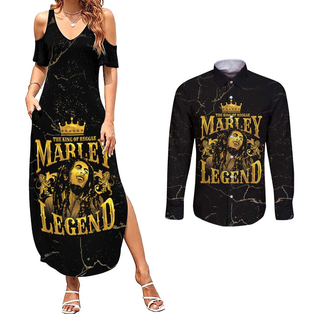 Reggae King Marley Couples Matching Summer Maxi Dress and Long Sleeve Button Shirt Gold Lion