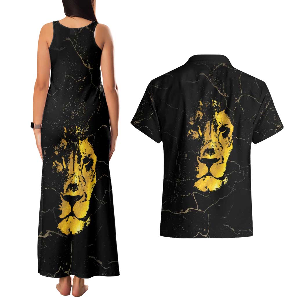 Reggae King Marley Couples Matching Tank Maxi Dress and Hawaiian Shirt Gold Lion