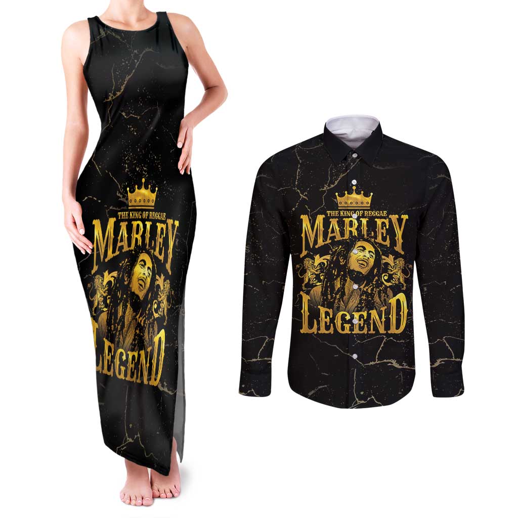 Reggae King Marley Couples Matching Tank Maxi Dress and Long Sleeve Button Shirt Gold Lion