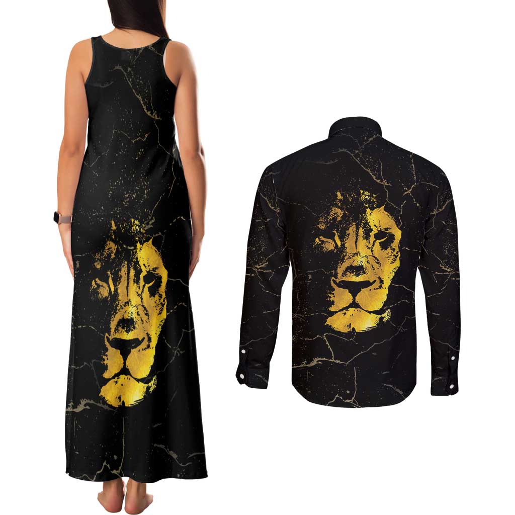 Reggae King Marley Couples Matching Tank Maxi Dress and Long Sleeve Button Shirt Gold Lion