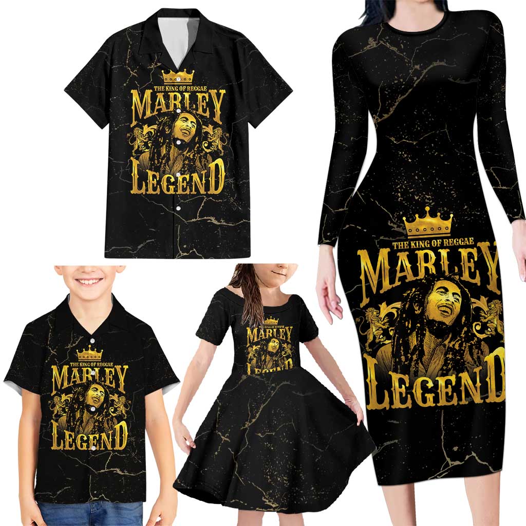 Reggae King Marley Family Matching Long Sleeve Bodycon Dress and Hawaiian Shirt Gold Lion