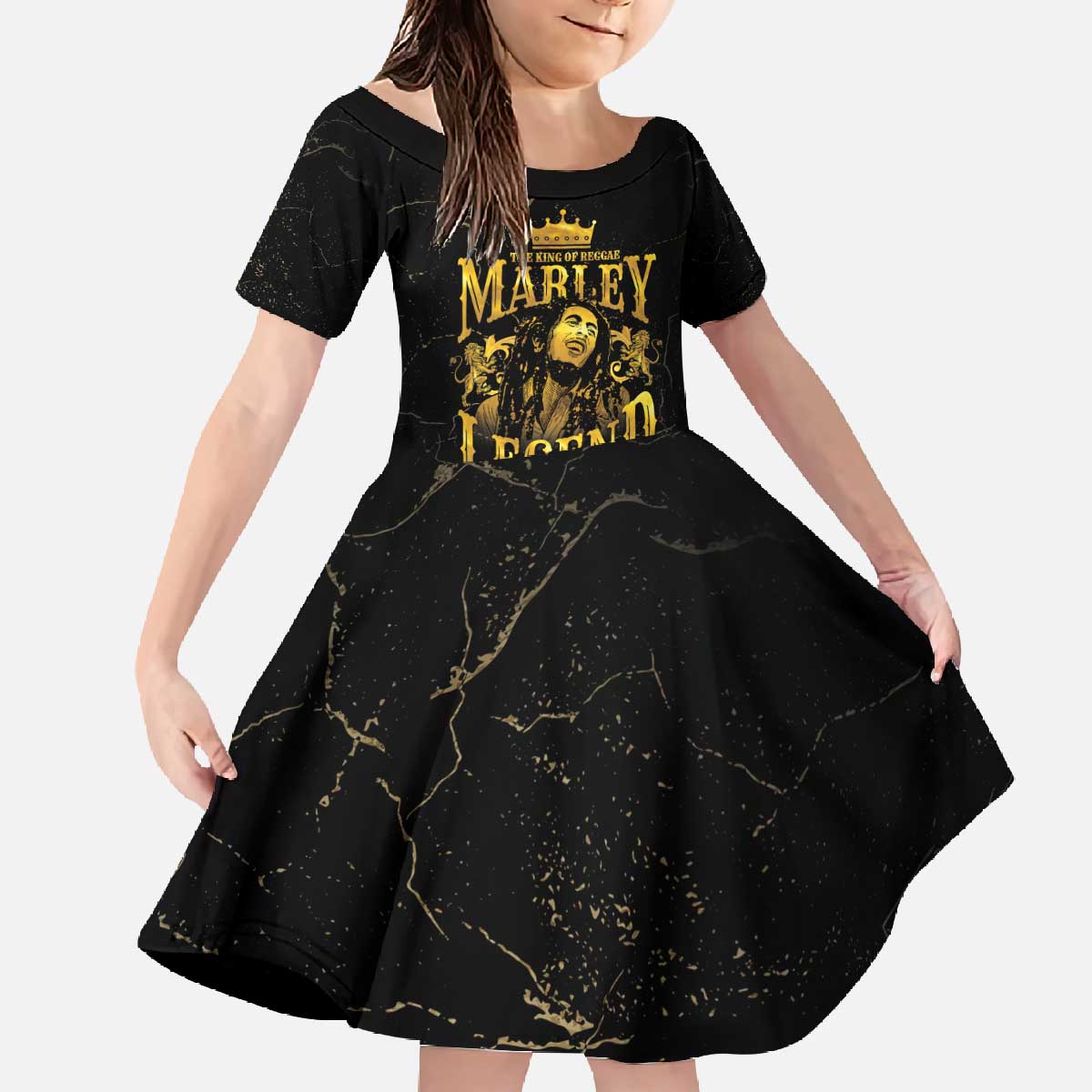 Reggae King Marley Family Matching Off The Shoulder Long Sleeve Dress and Hawaiian Shirt Gold Lion