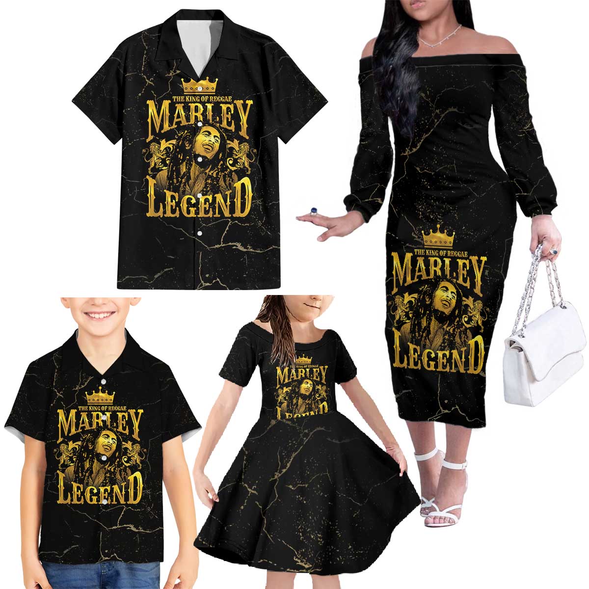 Reggae King Marley Family Matching Off The Shoulder Long Sleeve Dress and Hawaiian Shirt Gold Lion