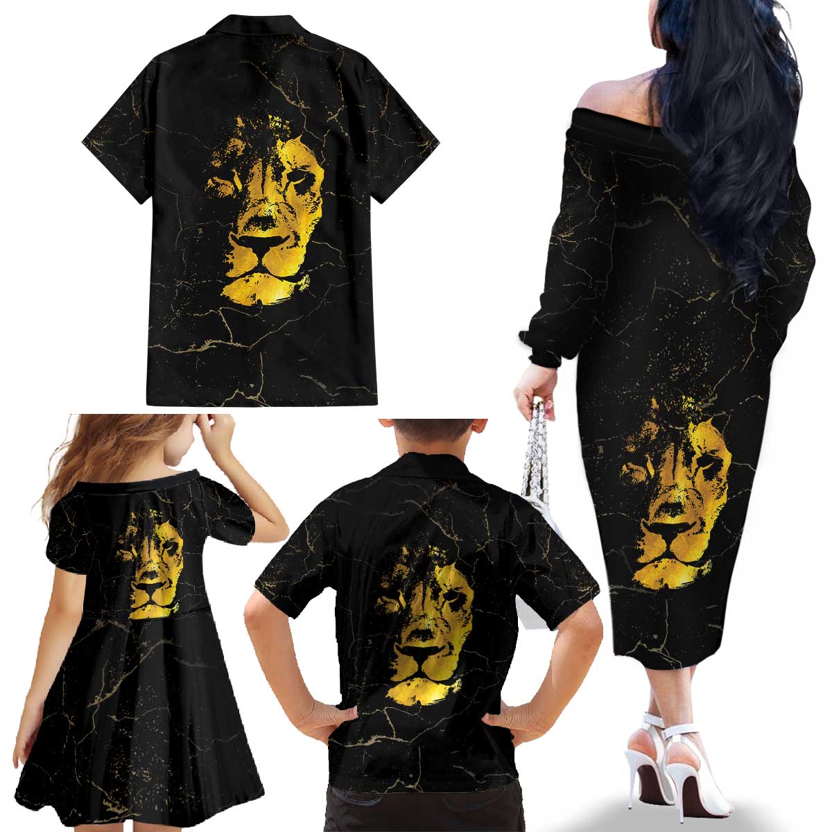 Reggae King Marley Family Matching Off The Shoulder Long Sleeve Dress and Hawaiian Shirt Gold Lion