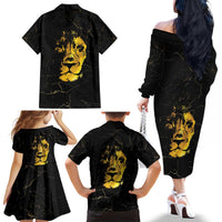 Reggae King Marley Family Matching Off The Shoulder Long Sleeve Dress and Hawaiian Shirt Gold Lion