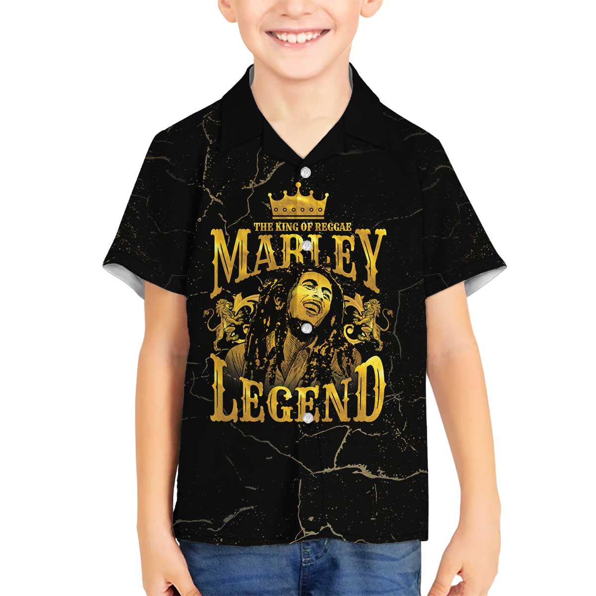 Reggae King Marley Family Matching Off The Shoulder Long Sleeve Dress and Hawaiian Shirt Gold Lion