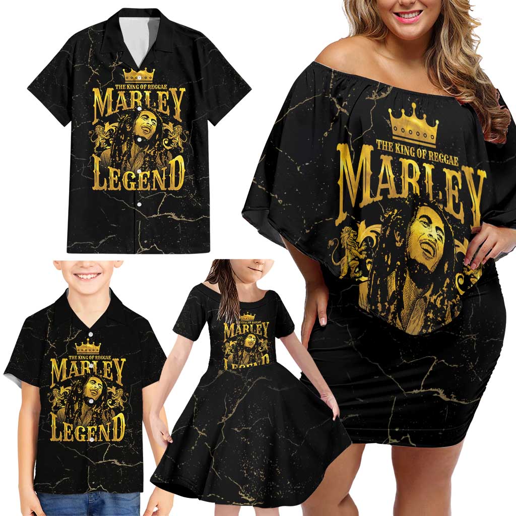 Reggae King Marley Family Matching Off Shoulder Short Dress and Hawaiian Shirt Gold Lion LT05 - Wonder Print Shop
